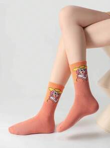5 Pairs Unisex Assorted Color Cartoon Pattern Mid-Calf Fashionable Socks, Suitable For Daily Wear, Perfect Gift For Family And Friends