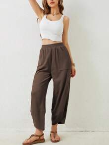 Womens Baggy Wide Leg Pants Casual Elastic Waisted Loose Palazzo Harem Pants With Pockets - 咖啡棕 - 查看 4
