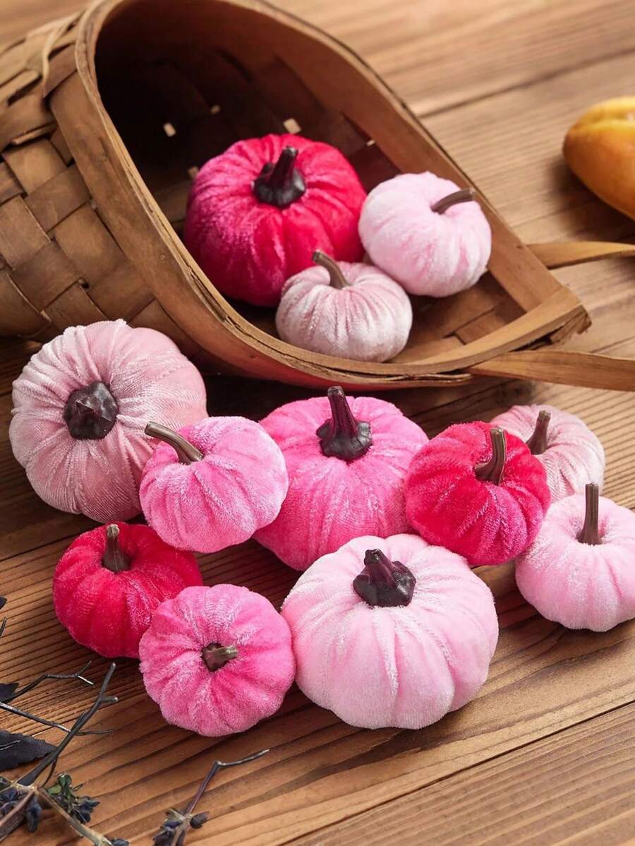 6pcs Faux Velvet Foam Fabric Pumpkins Decoration, Fall Pumpkins Decoration For Home, Assorted Velvet Pumpkins Fake Pumpkins, Pink Velvet Pumpkin Foam, Artificial Fall Table Decor, Reusable Thanksgiving, Autumn Table Centerpiece, Velvet Craft Pumpkin For Fall Home Farmhouse Harvest Thanksgiving Decorative