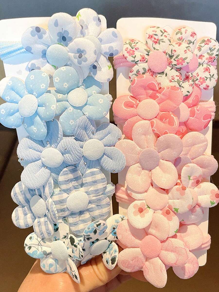 5条装青少年花朵发绳，女孩高弹力发带，橡皮筋，青少年扎发带，可爱马尾辫配饰 - 彩色 - 查看 1