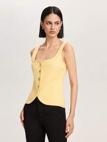 Butter Yellow Front Button Vest-Style Round Neck Sleeveless Knit Top - Yellow - View 5