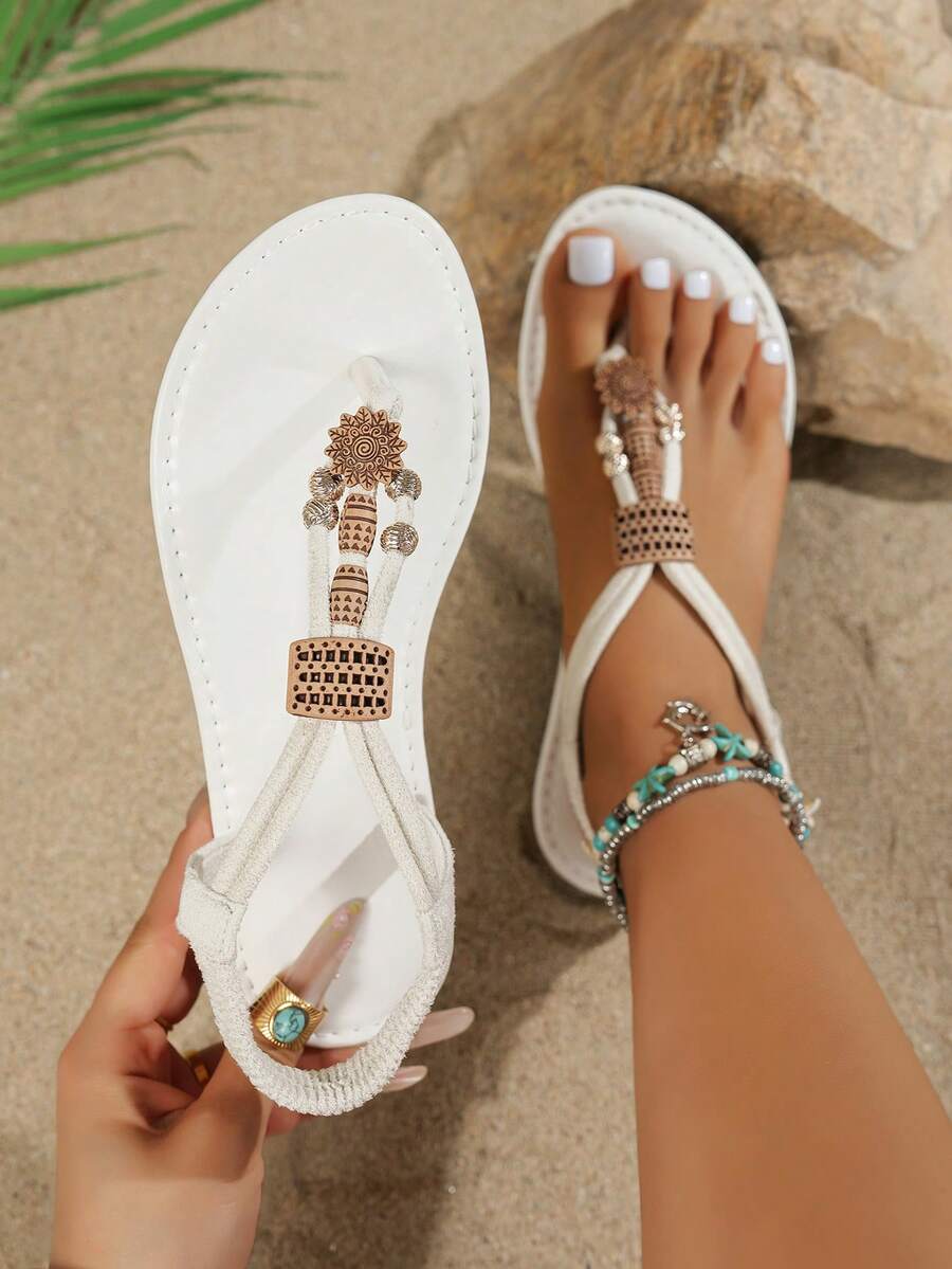 Dép đế bằng phong cách Bohemian thời trang dành cho nữ, trang phục thường ngày đa năng, thích hợp cho đám cưới, tiệc tùng, ngoài trời, bãi biển - trắng - Xem 1