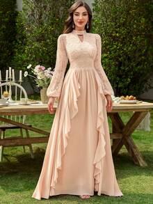 MIUSOL Robe longue de soirée formelle ajustée avec encolure ajourée en dentelle, manches lanternes et ourlet à volants, élégante robe de soirée pour femmes, convient pour les fêtes formelles, les cérémonies de remise de diplômes - Champagne - Voir 2