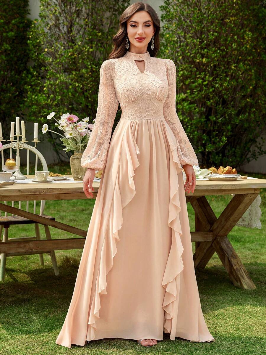 MIUSOL Robe longue de soirée formelle ajustée avec encolure ajourée en dentelle, manches lanternes et ourlet à volants, élégante robe de soirée pour femmes, convient pour les fêtes formelles, les cérémonies de remise de diplômes