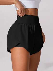 Quần short thể thao co giãn cho nữ Quần cạp cao Quần thể thao năng động Quần chạy bộ quần vợt mùa hè Quần short chống hở bên trong có cạp chun cao, cạp rộng, màu trơn - màu đen - Xem 5