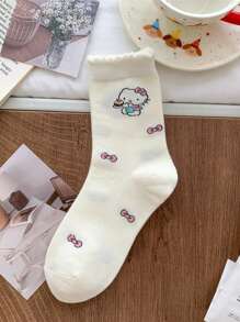 Sanrio 1Pair Sanrio Hello Kitty Mid-Calf Crew Summer Socks Women Socks Flounced Hem Seamless Toe & Breathable Ribbed Texture - Spring/Summer Collegiate Style Socks For School Outfits, Cute Gift With Greeting Card For Birthdays/Valentine's Day