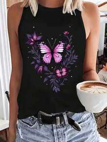 Violet Floral & Butterfly Pattern Summer Graphic Tank Top - Black - View 1