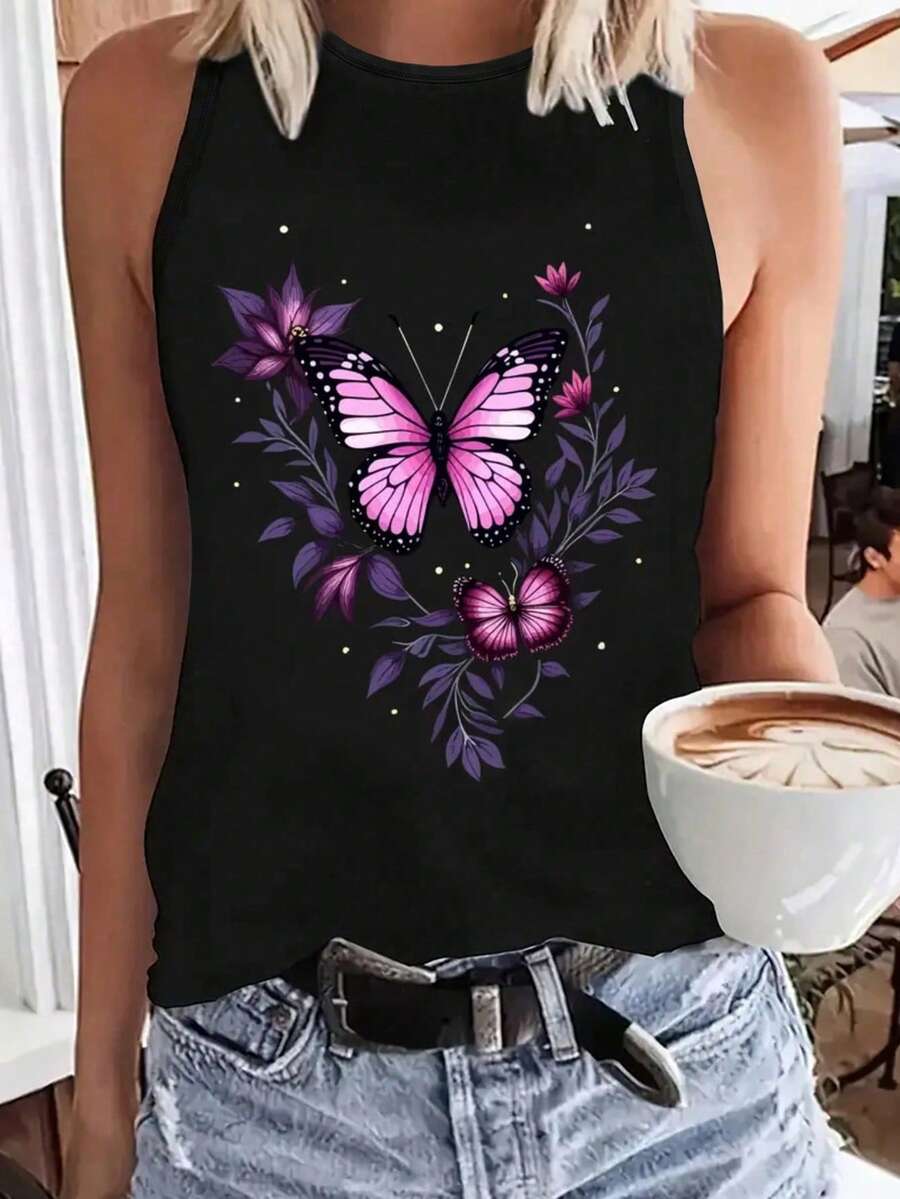 Violet Floral & Butterfly Pattern Summer Graphic Tank Top - Black - View 1