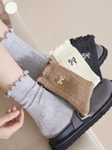 4 pares de calcetines tipo tripulación cómodos y versátiles para mujer con volantes y moños en un estilo aleatorio y dulce