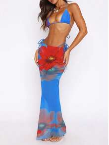 2025新款印花三角比基尼网纱裙摆性感欧美风度假泳装女士 - 藍色 - 查看 2