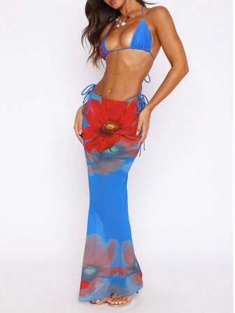 2025 New Printed Triangle Bikini With Mesh Skirt, Sexy European And American Style Holiday Swimwear For Women