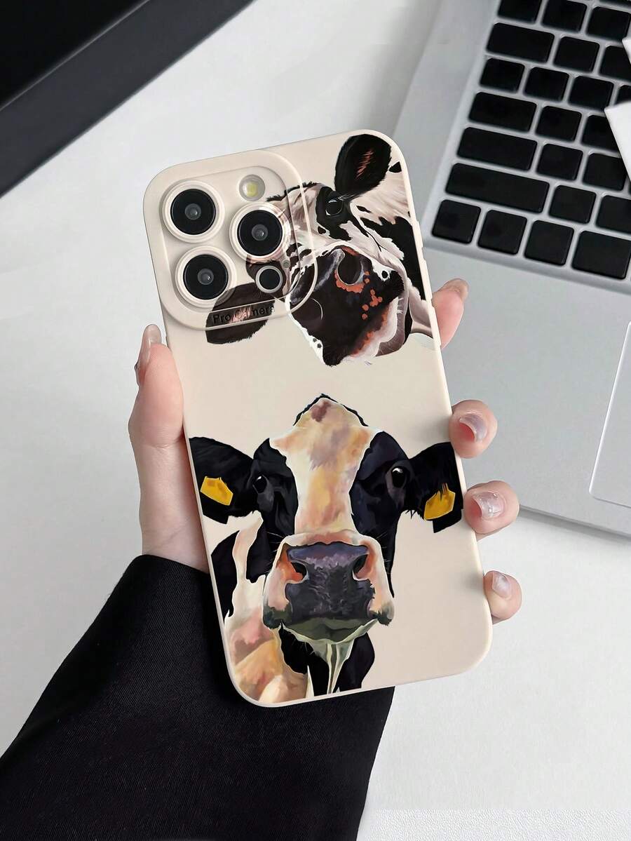 1pc Cow Print Realistic Graphic White Phone Case, Durable Scratch-Resistant TPU Material, Compatible With IPhone & Galaxy Phones - Multicolor - View 1