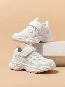 1 Pair Children Sports Shoes, White Breathable Mesh Hook & Loop Closure, Girls Athletic Shoes, College Style, All Season Wear, Lightweight & Comfortable, Boys Casual Sports Sneakers