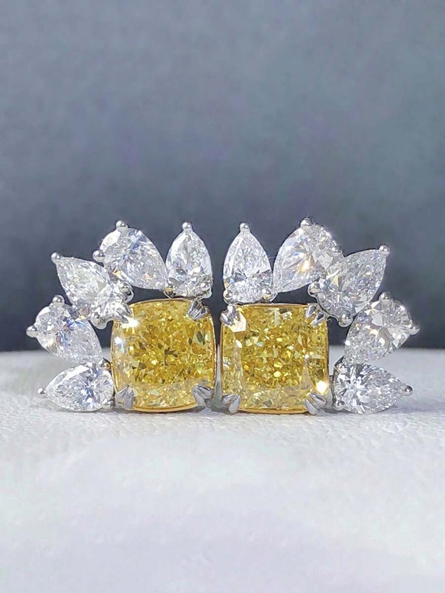 1 对奢华黄色方晶锆石耳钉，适合女士婚礼订婚周年派对珠宝情人节礼物 - 銀色 - 查看 1