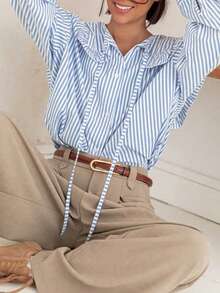 时尚百搭条纹长袖娃娃衫上衣 春季 - 藍白色 - 查看 6