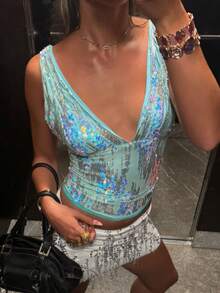 Women Sequin Tank Tops Slim Sparkly Deep V Neck Sleeveless Open Back Crop Vest Casual Summer Streetwear