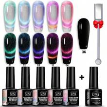 5pcs Sparkling Cat's Eye Nail Gel Set + 7ml Black Base With Magnetic Strips, High-Density Broken Fairy Stone Polarized Fine Sparkling Cat's Eye Relaxation Gel DIY Nail Gel Set