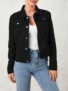 Womens Solid Color Denim Jacket, Casual Long Sleeve Button Down Chest Pocket Jean Jacket, College Students Outfit Back To School, Blusas Casuales De Mujer Going Out Tops Women, Fall Outfits For Women, Fall Clothes For Women