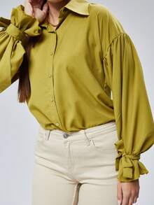 Casual Versatile Solid Color Long Sleeve Shirt - Olive Green - View 3