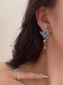 1 Pair Women's Luxury Vintage Metal Snake & Blue Butterfly Stud Earrings, Exaggerated Design For Party, Banquet