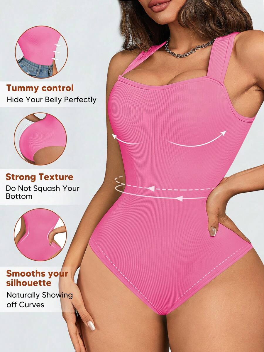 Women's Sexy Ribbed Camisole Crop Top Bodysuit With Square Neckline And Backless Design - Hot Pink - View 1