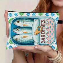 复古沙丁鱼图案化妆旅行包 - 拉链化妆包，涤纶洗漱包，送给老师和朋友的礼物，多功能便携拉链袋，适合旅行和返校，旅行必备，假期和返校用品包，学习用品包，洗漱包，旅行 - 彩色 - 查看 8