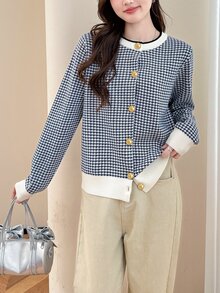 女士优雅千鸟格纹圆领开衫，适合秋冬季 - 藍白色 - 查看 4