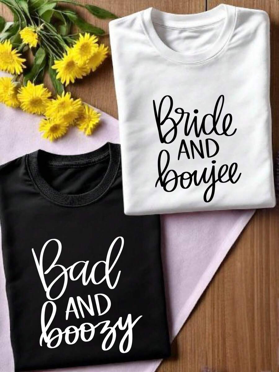 1 PC Bride And Boujee Shirt, Bad Boozy Bridesmaid T-Shirt, Bachelorette Party Tee, Bridesmaid Matching Shirts, Bridal Shower T-Shirts TT3031 - 黑色T卹新娘 - 查看 1