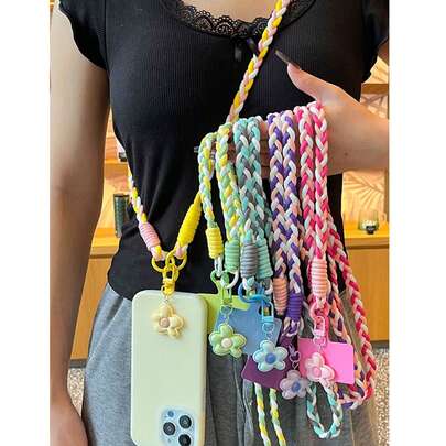 2026新年音乐节/婚礼季，网红糖果五瓣花手机挂绳，多巴胺，斜挎长款手工编织耐用男女通用，适合户外旅行、徒步，可作手机挂绳、智能手机腕带、智能手机保护套挂绳、钥匙扣、智能手机挂饰、智能手机单肩包、手机配件、手机吊坠、复活节