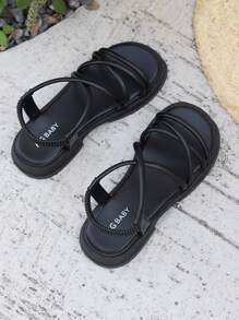Girls' Korean Style Versatile PU Leather Roman Sandals, New Soft Bottom Fashion Open Toe Anti-Slip Beach Shoes, Suitable For Summer