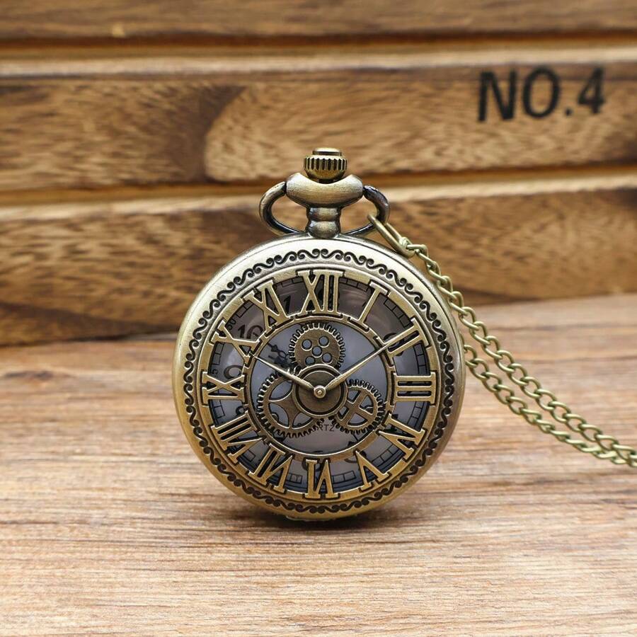 Vintage Classic Large Gear Pocket Watch Necklace, Roman Numeral Dial Quartz Pendant Watch, Retro New Style Gift Watch, Fashionable Casual Antique Pocket Watch