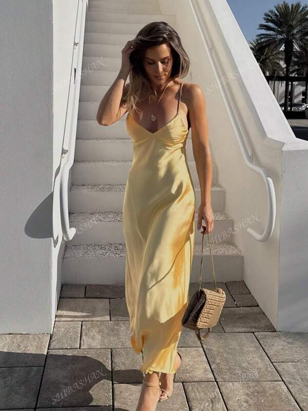 SHIBASHAN Summer Sexy Satin Slip V-Neck Long Dress For Woman Fashion Spaghetti Strap Slim Fit Backless Maxi Party Dresses