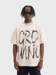 MT99 复古美式麂皮涂鸦印花短袖T恤，杏色重磅百搭男女通用半袖 - 杏色 - 查看 1