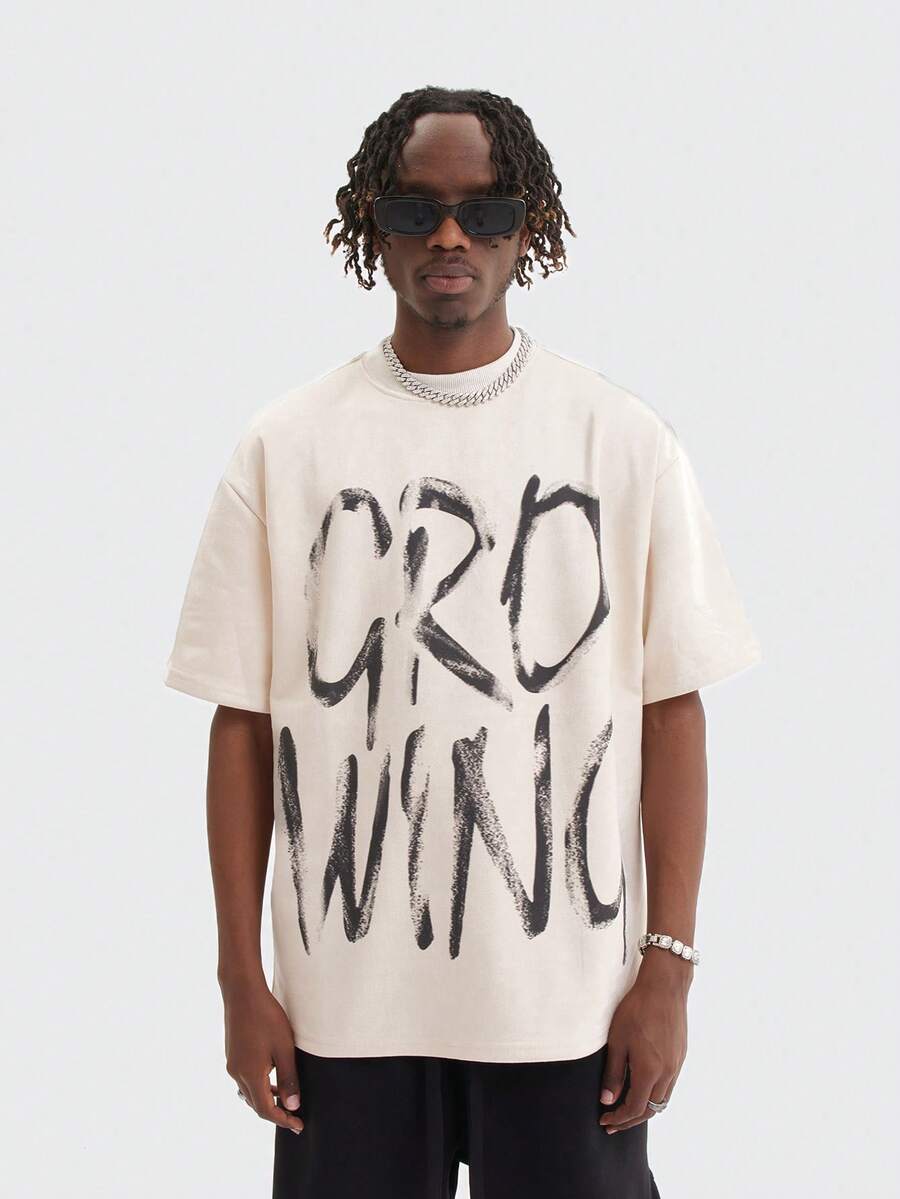 MT99 复古美式麂皮涂鸦印花短袖T恤，杏色重磅百搭男女通用半袖 - 杏色 - 查看 1