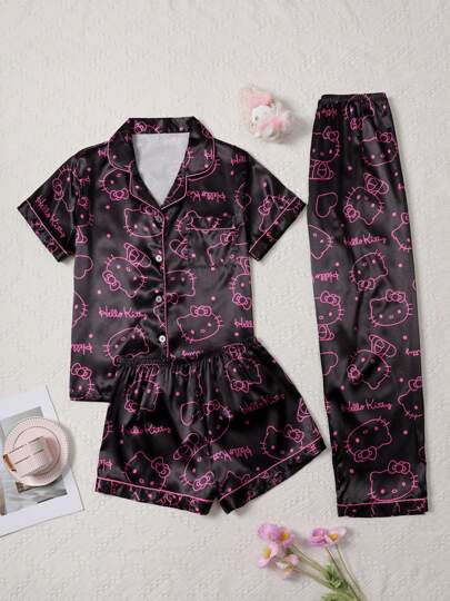 Sanrio Hello Kitty Silk Sleepwear Set, 97% Polyester 3% Elastane, Short Sleeve Button Front Lapel Bow Cartoon Cute Front Button Pocket Contrast Trim Sanrio