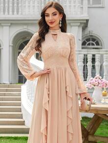 MIUSOL Robe longue de soirée formelle ajustée avec encolure ajourée en dentelle, manches lanternes et ourlet à volants, élégante robe de soirée pour femmes, convient pour les fêtes formelles, les cérémonies de remise de diplômes - Champagne - Voir 10