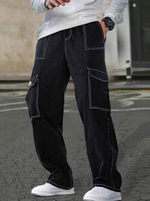 1 件男士加大码春秋多口袋工装裤，休闲通勤户外百搭长裤，秋季 - 黑色 - 查看 2