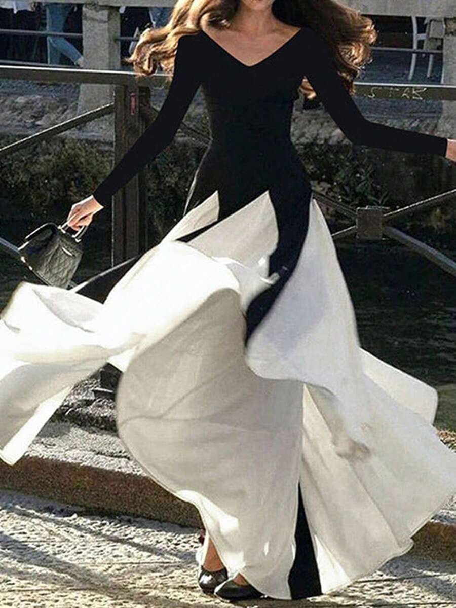 女士薄款优雅浪漫简约百搭撞色深 V 领修身拼接大喇叭下摆长袖连衣裙 - 黑與白 - 查看 1