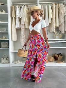 女式优雅碎花荷叶边下摆开叉高低裙 - 紅色 - 查看 8