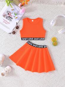 2pcs/Set Young Girl Energetic "Love" Sleeveless Tank Top & A-Line Skirt Set, Summer
