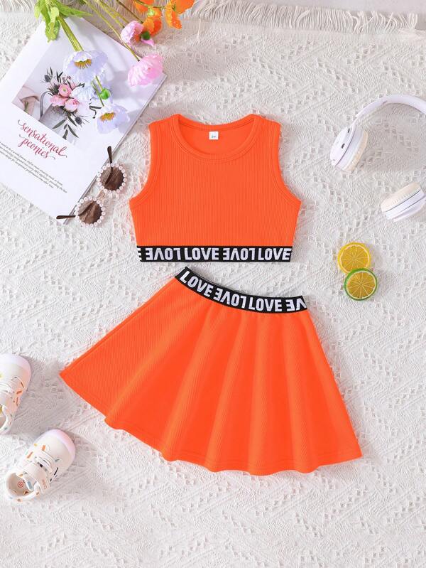 2pcs/Set Young Girl Energetic "Love" Sleeveless Tank Top & A-Line Skirt Set, Summer