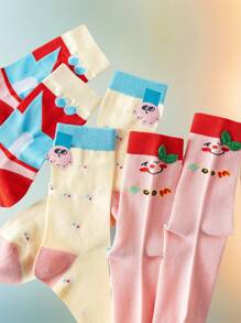 3 pares de calcetines medianos de mujer con diseño de dibujos animados lindos - diseño de bloques de color ligero, tela suave, adecuados para primavera/verano, uso diario