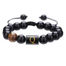 1pc Natural Black Agate 26 Letter Beaded Adjustable Braided Bracelet, Suitable For Various Occasions Like Festivals, Sports, Casual, Business Wear