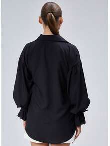 Women's Solid Color Drop Shoulder Long Sleeve Elegant Single Breasted Blouse, Summer - Black - View 4