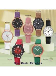 7pcs/Set Women Watches Set Quartz One Week Watch Combination For Women Clock Pu Leather Wristwatch Ladies Casual Watch Sets Festival Gift