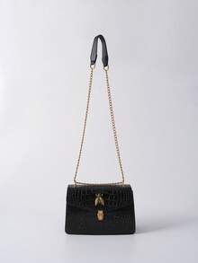 时尚鳄鱼纹奢华女士派对款链条单肩包，高端单肩斜挎设计，圣诞节冬季圣诞礼物 - 黑色 - 查看 5