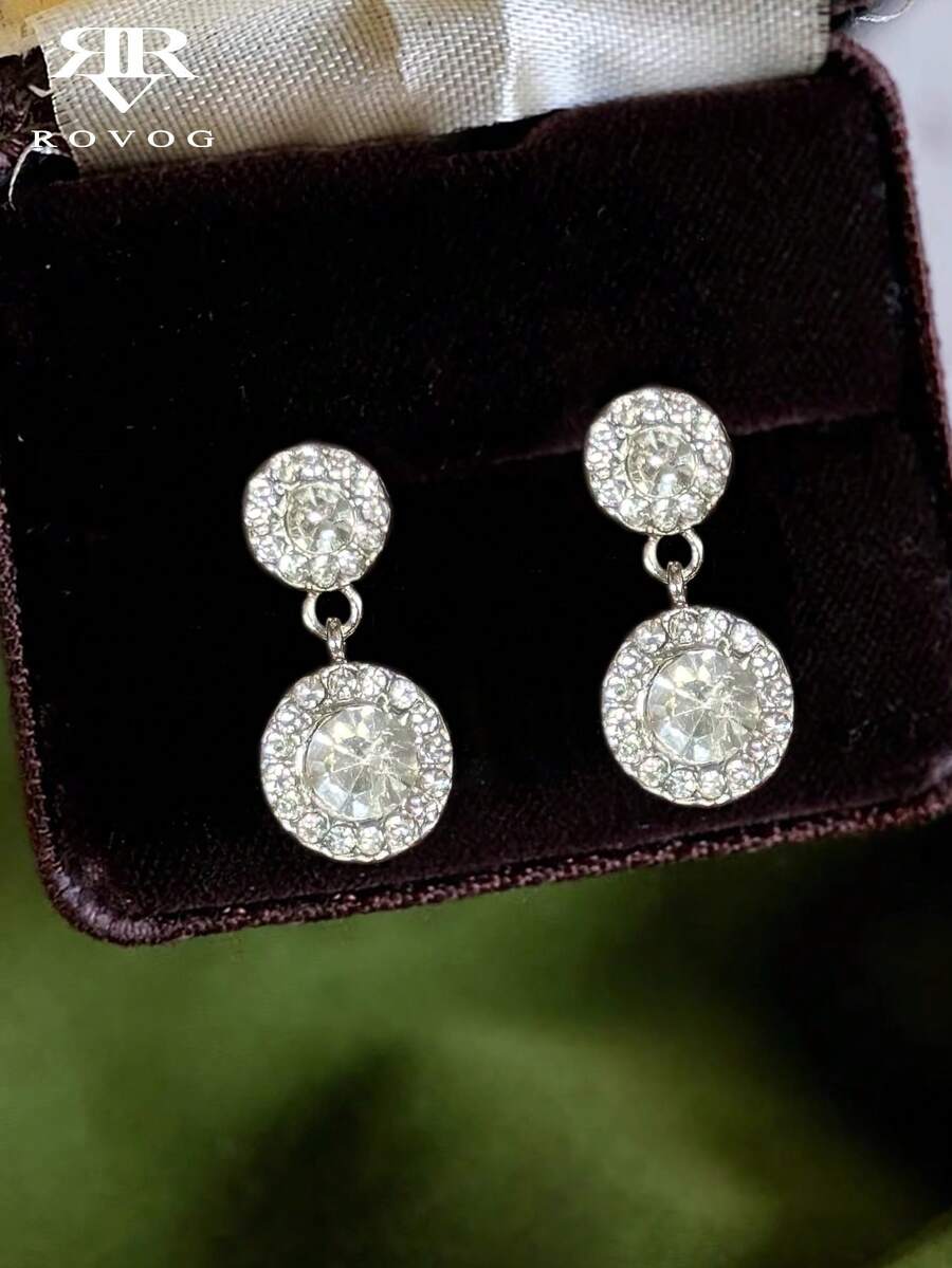 1 Cặp bông tai tròn khảm thủy tinh tối giản thanh lịch & sang trọng, tinh tế cho các bữa tiệc, trang phục thường ngày & thời trang