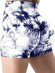 Quần short tập thể dục nhuộm loang cho nữ, quần short tập yoga cạp cao nâng mông liền mạch, đồ thể thao cho nữ - Màu xanh lam - Xem 1