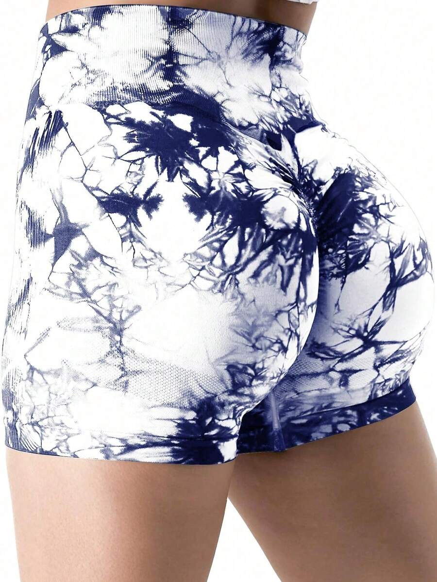 Quần short tập thể dục nhuộm loang cho nữ, quần short tập yoga cạp cao nâng mông liền mạch, đồ thể thao cho nữ - Màu xanh lam - Xem 1