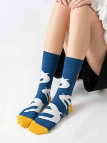 5 Pairs Mixed Color Art Illustration Cartoon Figure & Animal Pattern Fashionable Mid-Calf Socks, Great Gift For Family And Friends